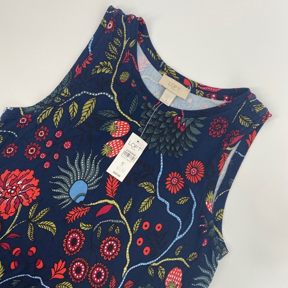 NEW LOFT Outlet Tunic Dress Womens Small Blue Floral Strawberry Boho Cottagecore
